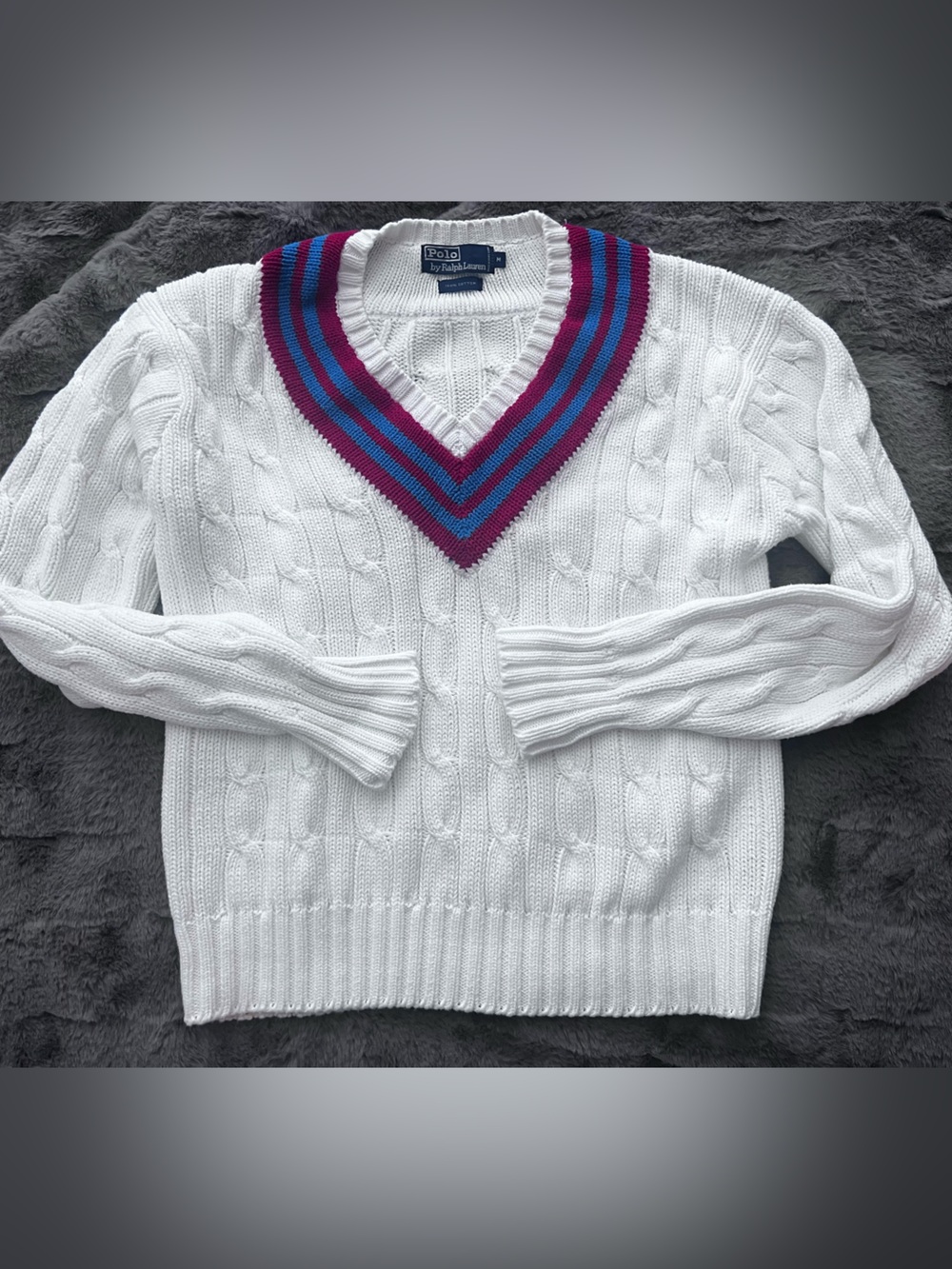 Ralph Lauren White Cable Knit V-Neck Sweater with Red & Blue Trim